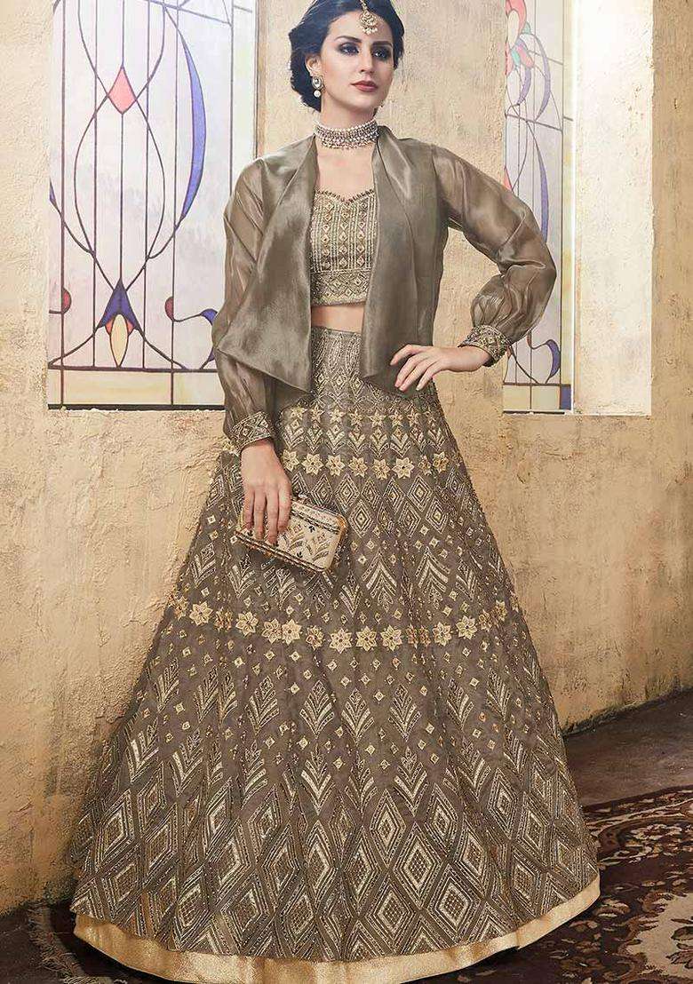 Grey Embroidery Net Lehenga Set - Indya