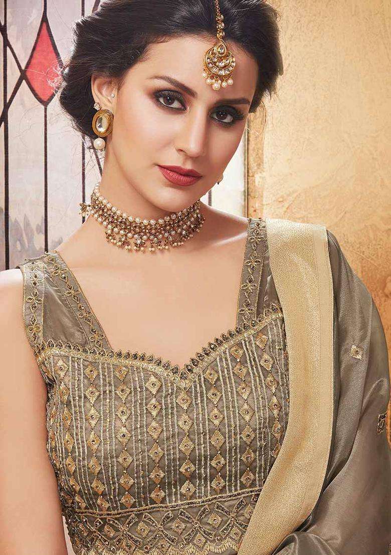Grey Embroidery Net Lehenga Set - Indya