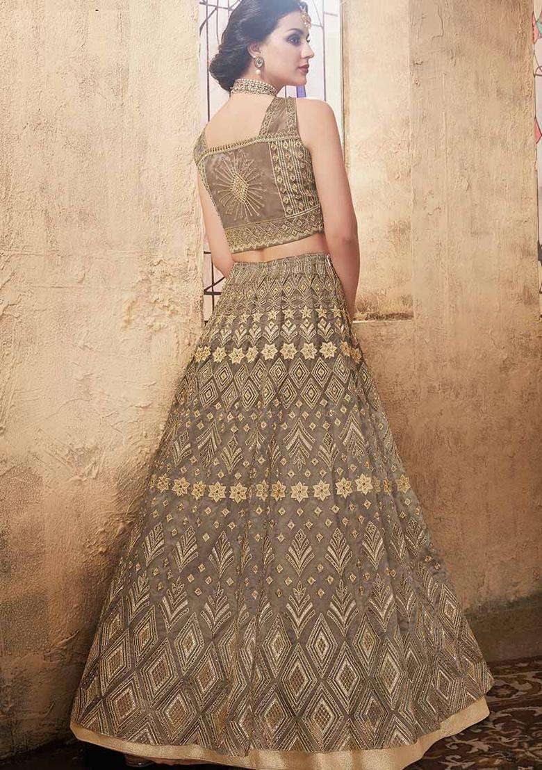 Grey Embroidery Net Lehenga Set - Indya