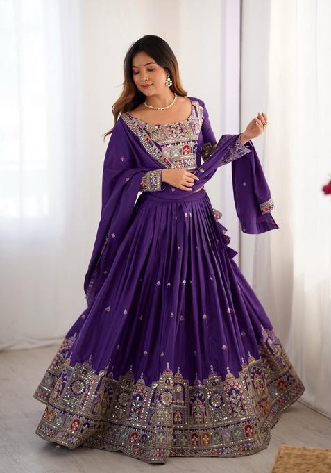 Purple Embroidered Silk Lehenga Set
