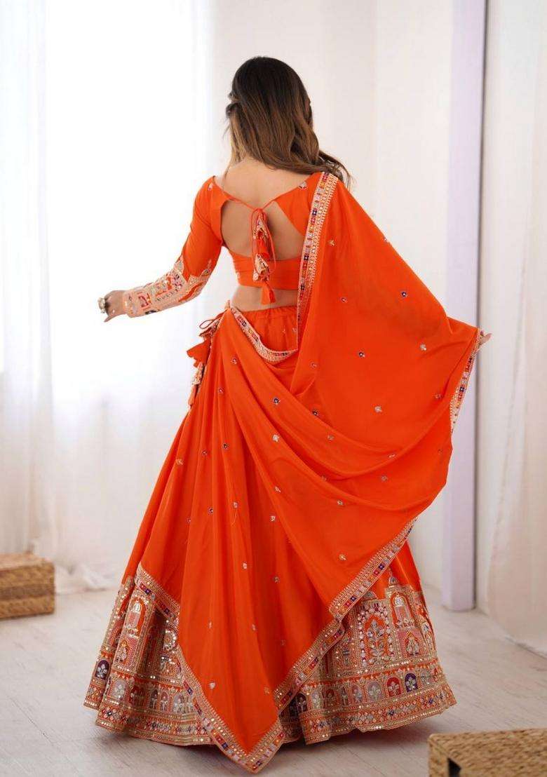 Orange Embroidered Silk Lehenga Set - Indya
