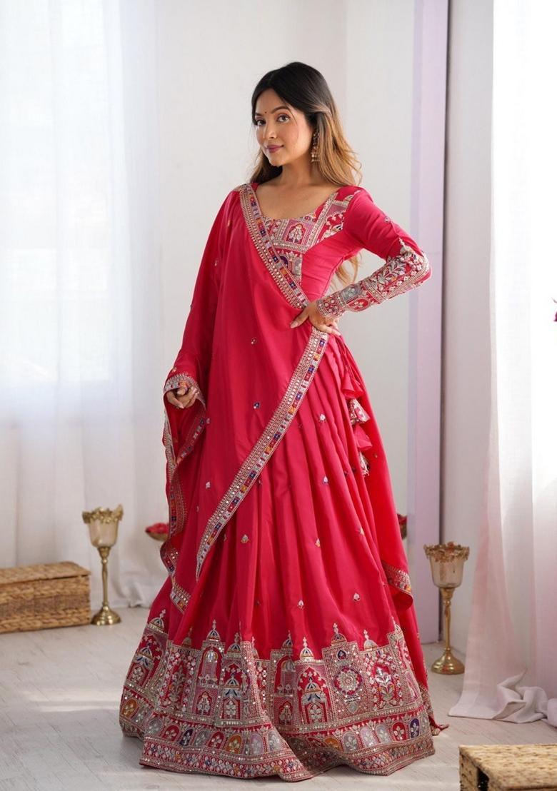 Pink Embroidered Silk Lehenga Set - Indya