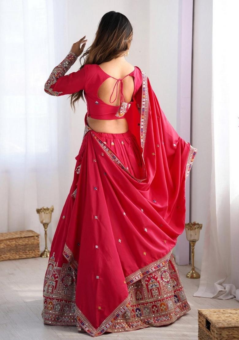 Pink Embroidered Silk Lehenga Set - Indya