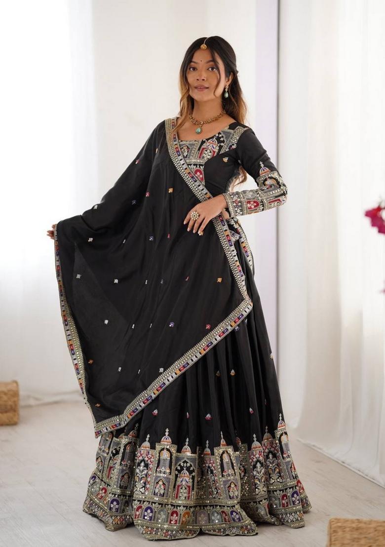Black Embroidered Silk Lehenga Set - Indya