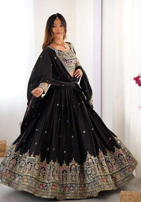 Black Embroidered Silk Lehenga Set