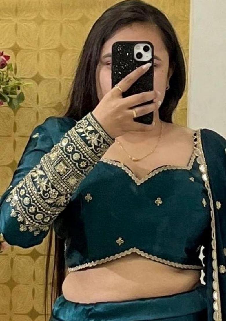 Blue Embroidered Silk Lehenga Set - Indya