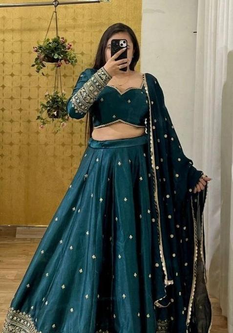 Blue Embroidered Silk Lehenga Set