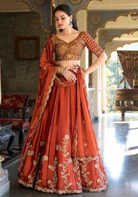 Brown Embroidered Chiffon Lehenga Set