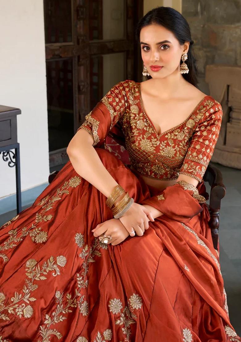 Brown Embroidered Chiffon Lehenga Set - Indya