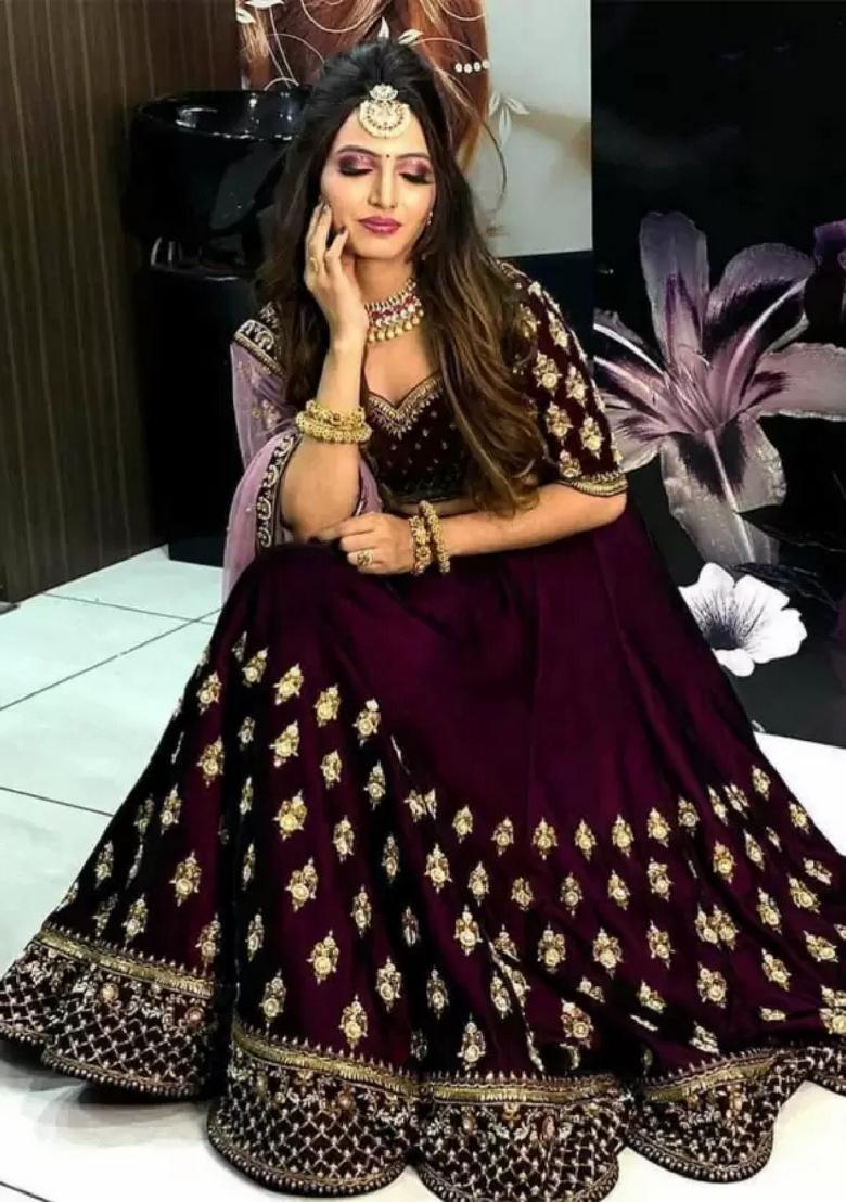 Maroon Embroidered Blended Lehenga Set - Indya