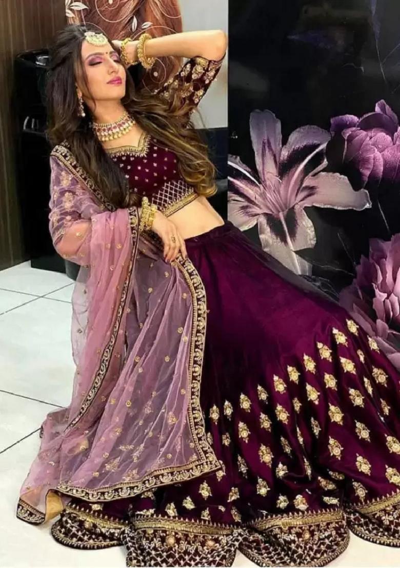 Maroon Embroidered Blended Lehenga Set - Indya