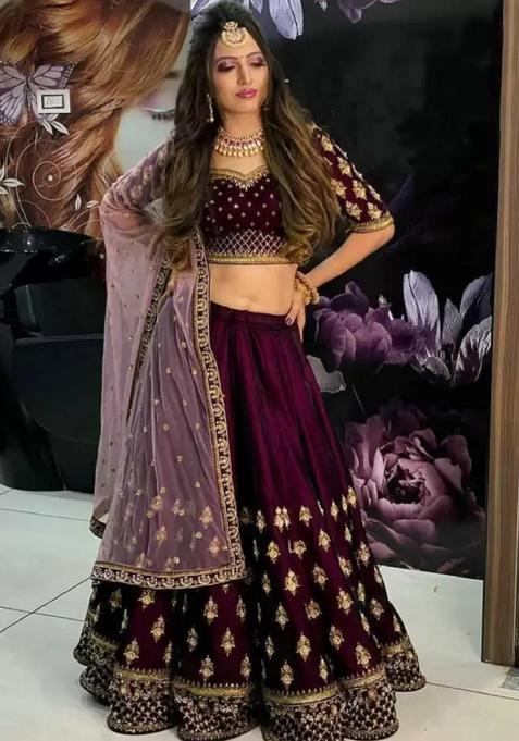 Maroon Embroidered Blended Lehenga Set