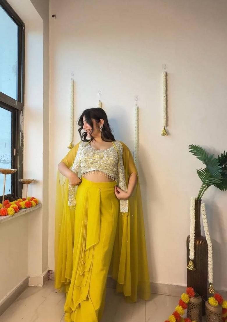 Yellow Embroidered Georgette Lehenga Set - Indya