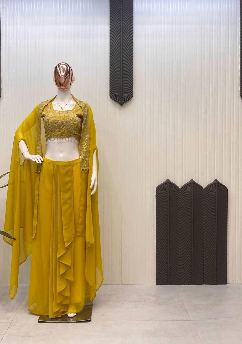 Yellow Embroidered Georgette Lehenga Set - Indya