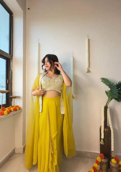 Yellow Embroidered Georgette Lehenga Set