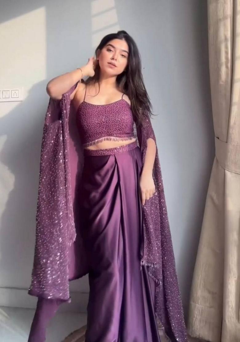 Purple Sequins Georgette Lehenga Set - Indya