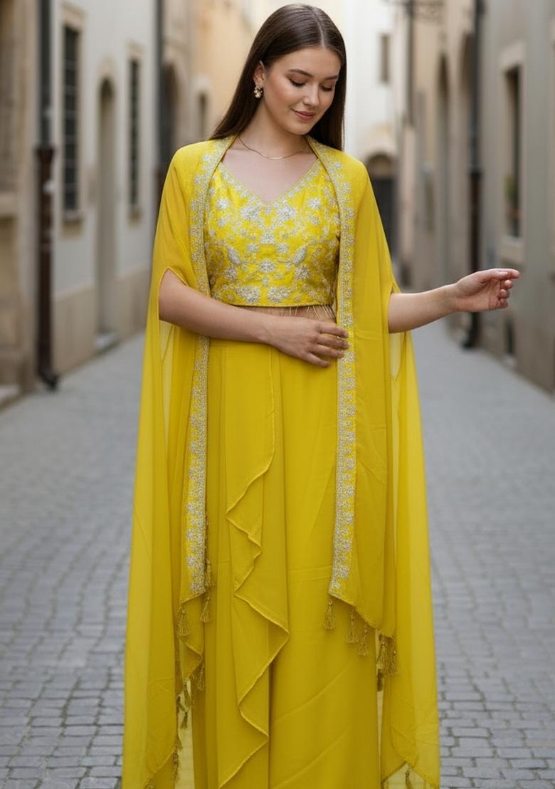 Yellow Sequins Georgette Lehenga Set - Indya