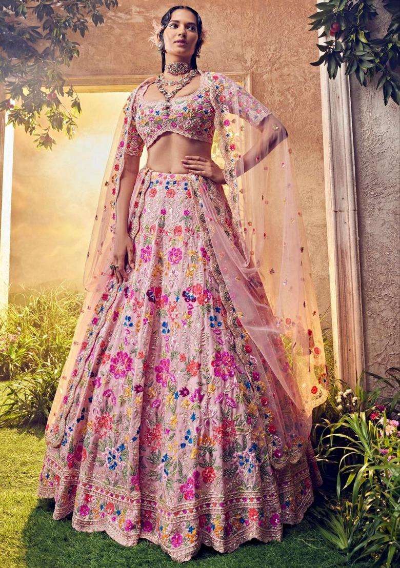 Multicolor Embellished Georgette Lehenga Set for Diwali | Wedding & Festive Wear - Indya