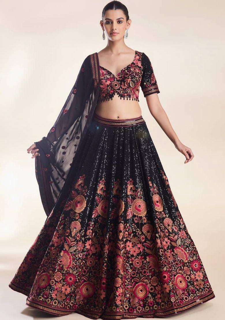 Multicolor Embellished Georgette Lehenga Set for Diwali | Wedding & Festive Wear - Indya