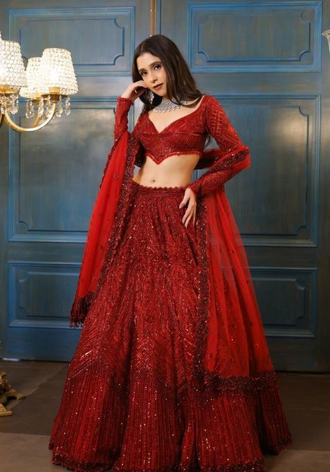 Multicolor Embellished Satin Lehenga Set