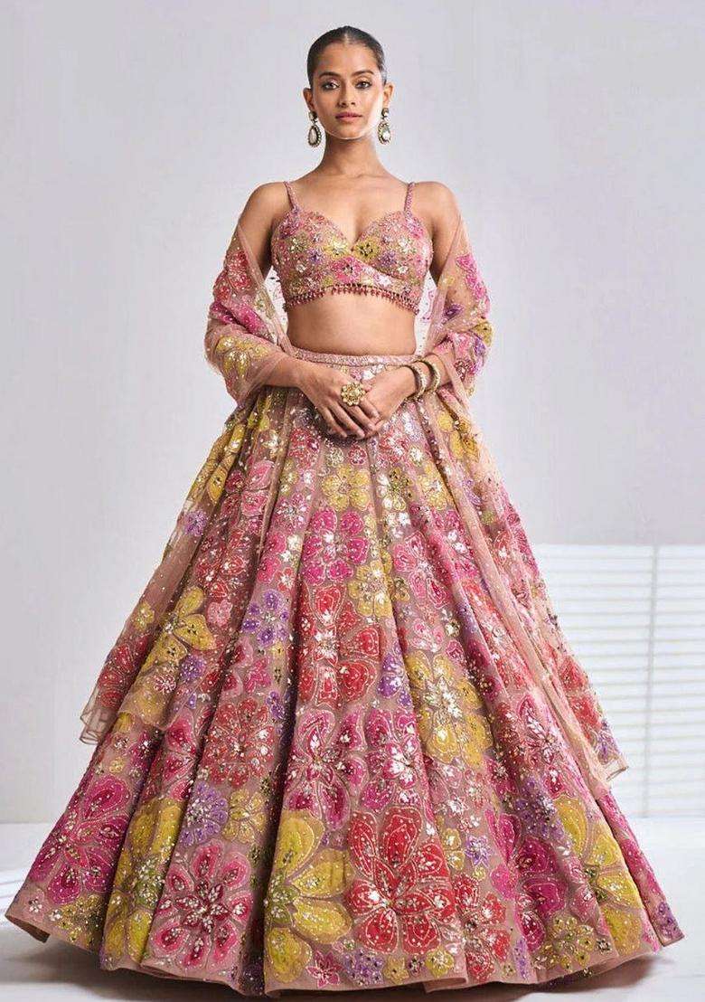 Multicolor Embellished Georgette Lehenga Set for Diwali | Wedding & Festive Wear - Indya