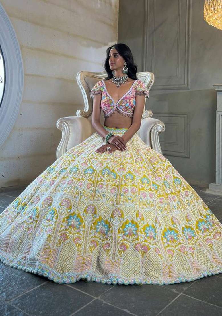 Multicolor Embellished Silk Blend Lehenga Set for Diwali | Wedding & Festive Wear - Indya