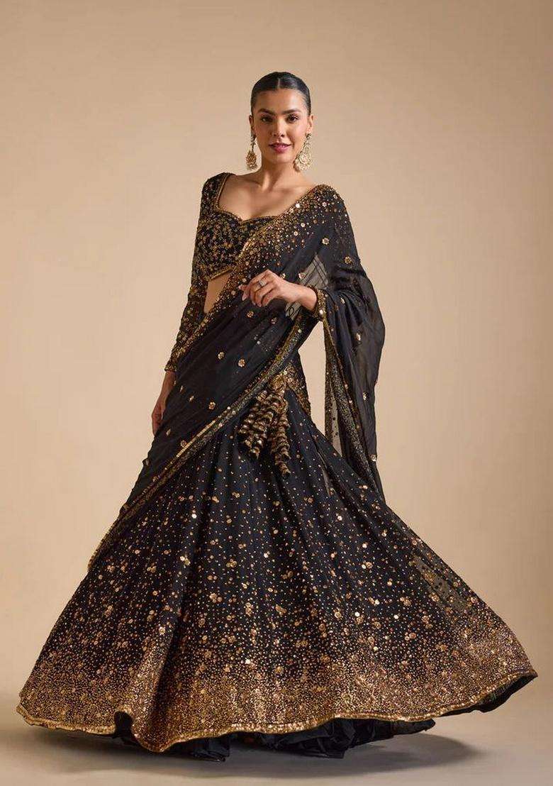 Black Embellished Georgette Lehenga Set for Diwali | Wedding & Festive Wear - Indya