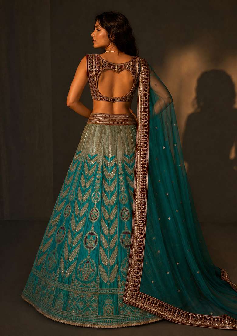 Multicolor Embellished Satin Lehenga Set for Diwali | Wedding & Festive Wear - Indya