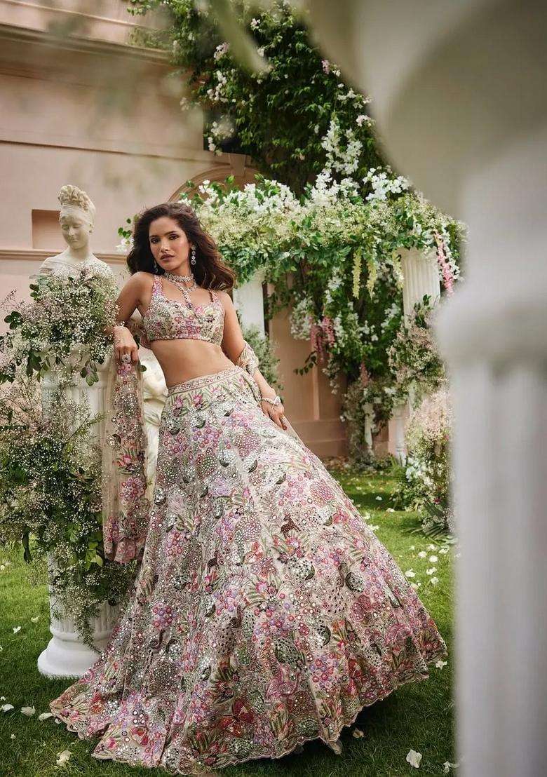 Multicolor Embellished Georgette Lehenga Set for Diwali | Wedding & Festive Wear - Indya