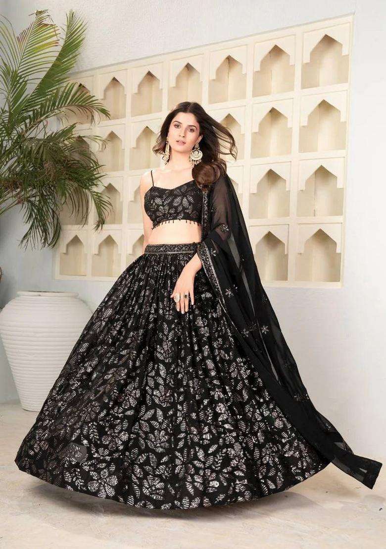 Multicolor Embellished Georgette Lehenga Set for Diwali and Festive Wear - Indya