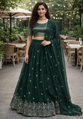 Green Embroidered Georgette Lehenga Set