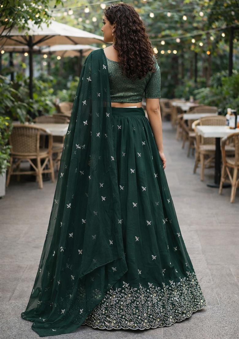 Green Embroidered Georgette Lehenga Set - Indya