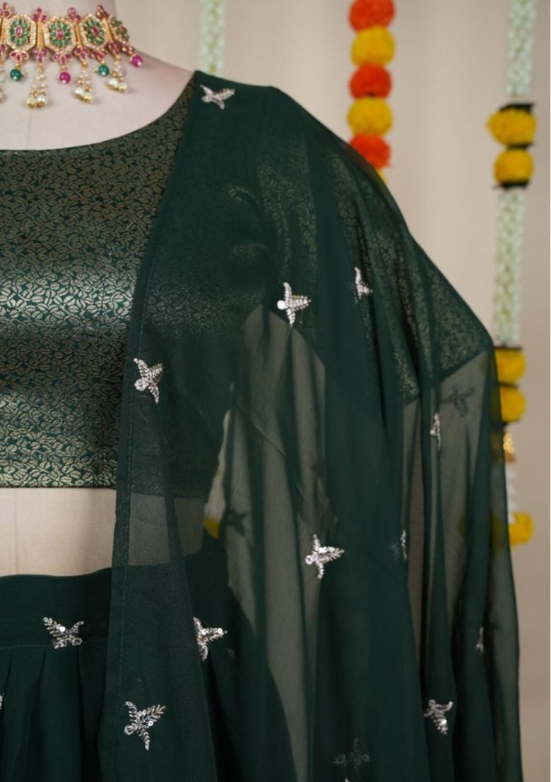 Green Embroidered Georgette Lehenga Set - Indya