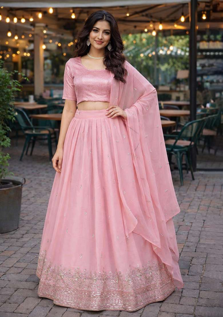 Pink Embroidered Georgette Lehenga Set for Diwali and Festive Wear - Indya