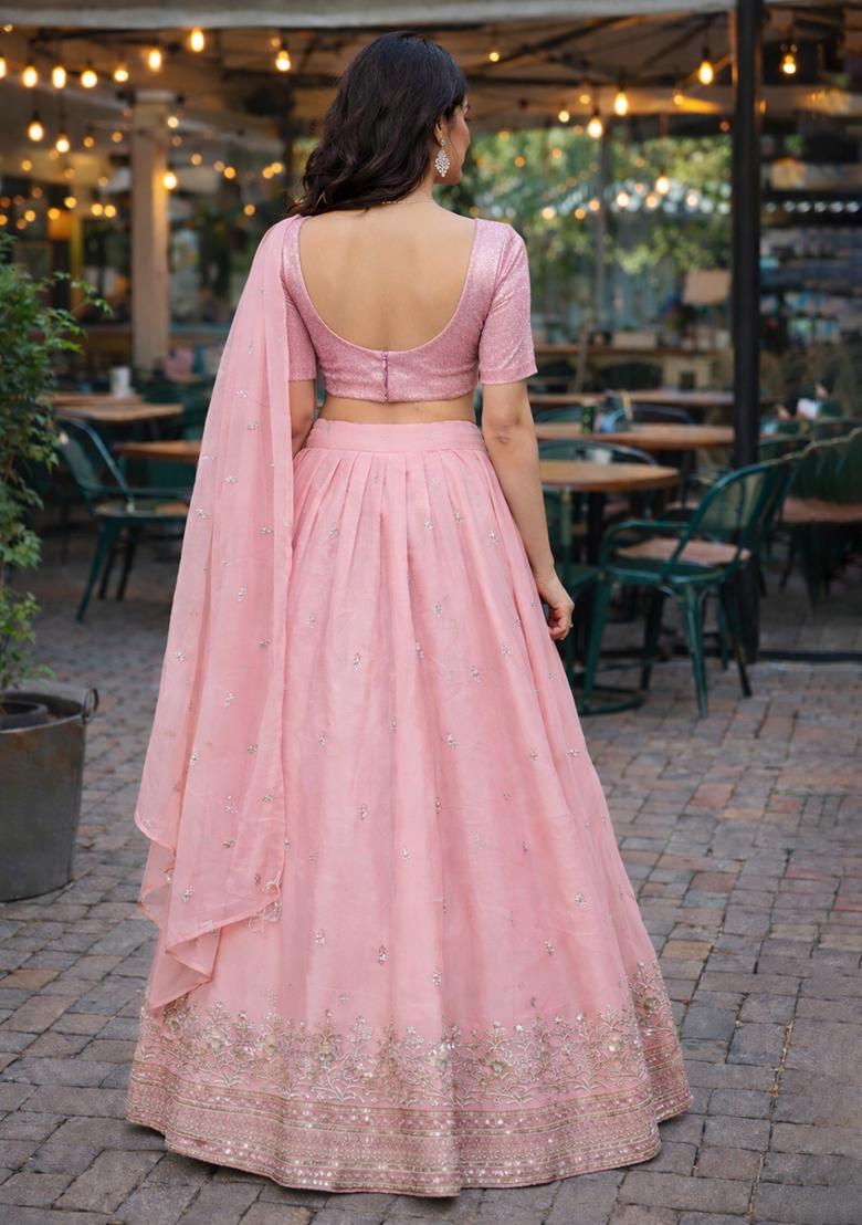 Pink Embroidered Georgette Lehenga Set - Indya