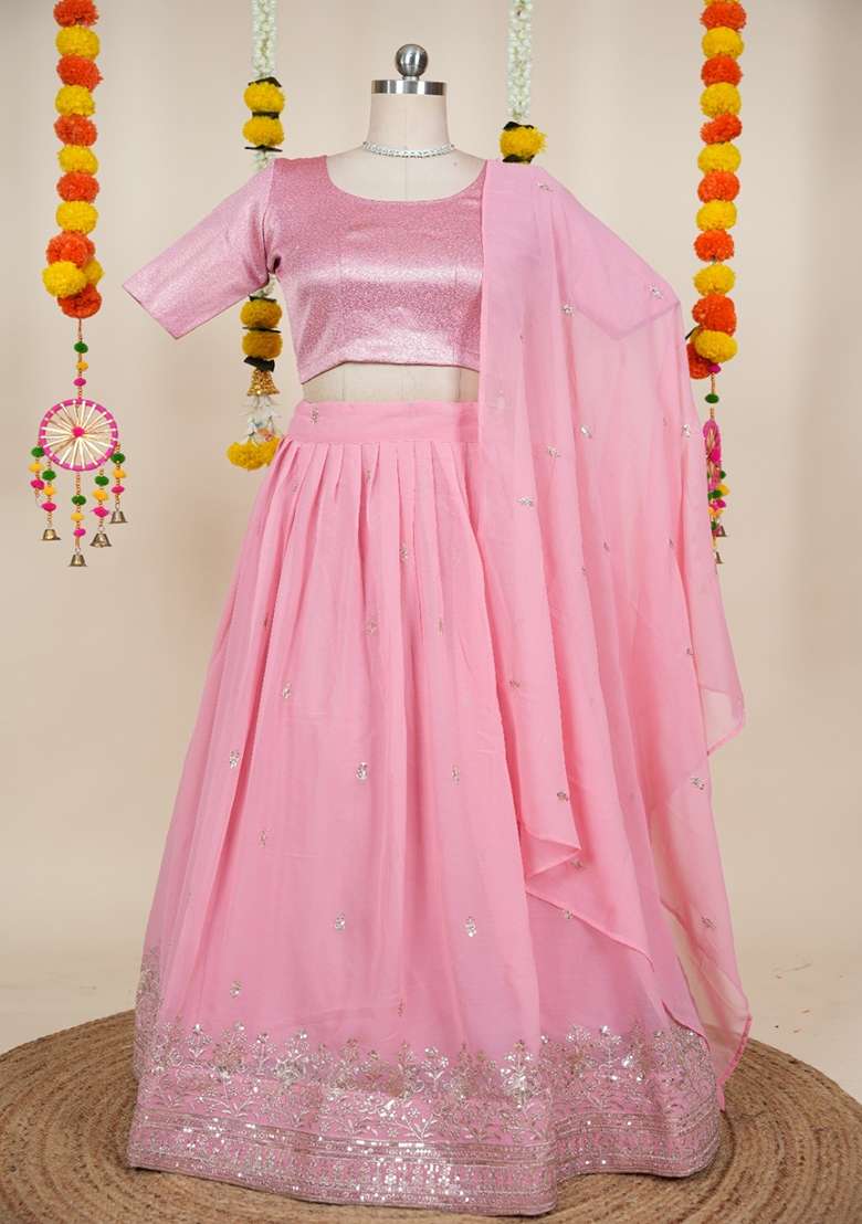 Pink Embroidered Georgette Lehenga Set for Diwali and Festive Wear - Indya