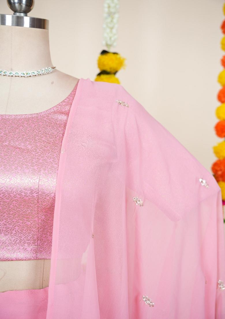 Pink Embroidered Georgette Lehenga Set - Indya