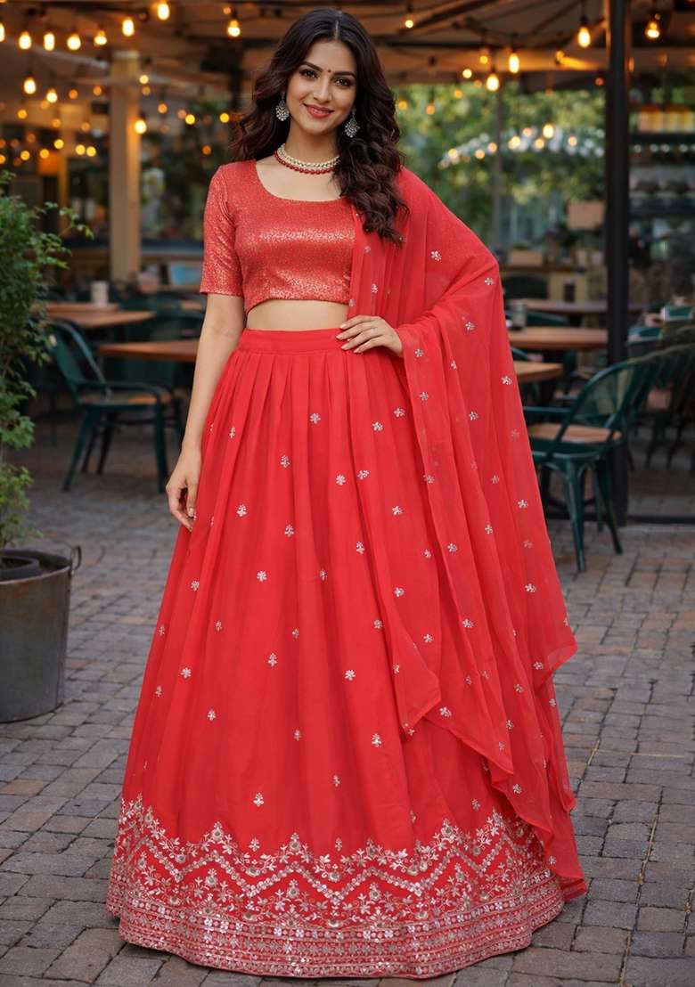 Red Embroidered Georgette Lehenga Set for Diwali and Festive Wear - Indya