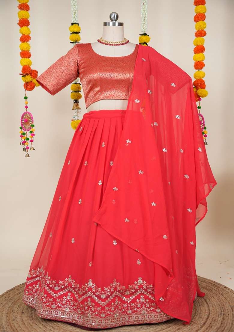 Red Embroidered Georgette Lehenga Set for Diwali and Festive Wear - Indya