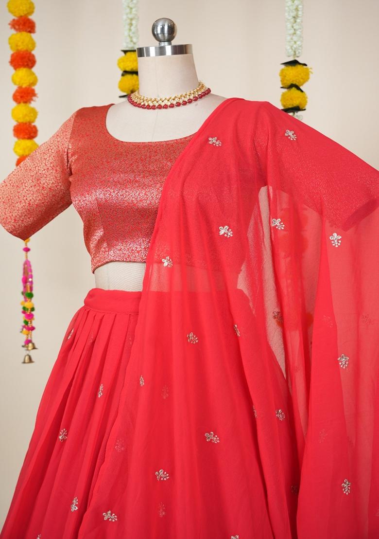 Red Embroidered Georgette Lehenga Set - Indya
