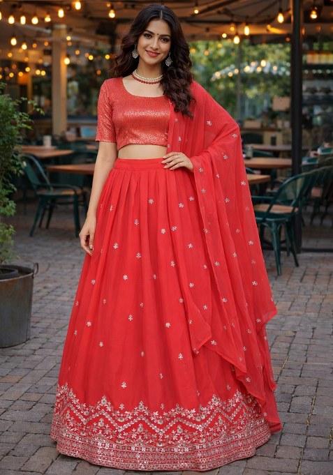 Red Embroidered Georgette Lehenga Set