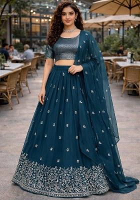 Teal Blue Embroidered Georgette Lehenga Set