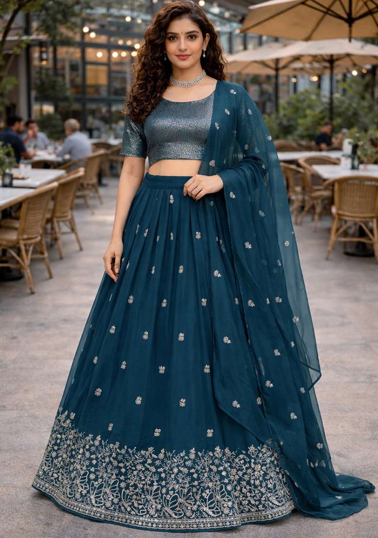 Teal Blue Georgette Lehenga Set with Embroidered for Diwali | Wedding & Festive Wear - Indya
