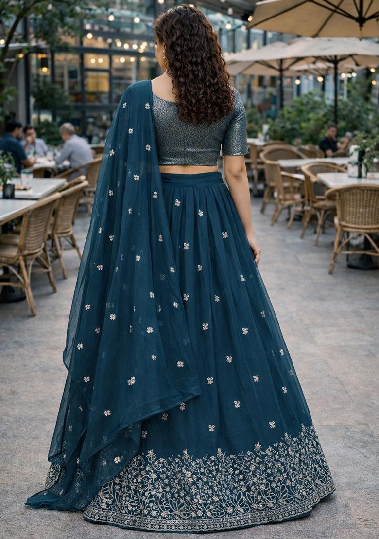 Teal Blue Embroidered Georgette Lehenga Set - Indya