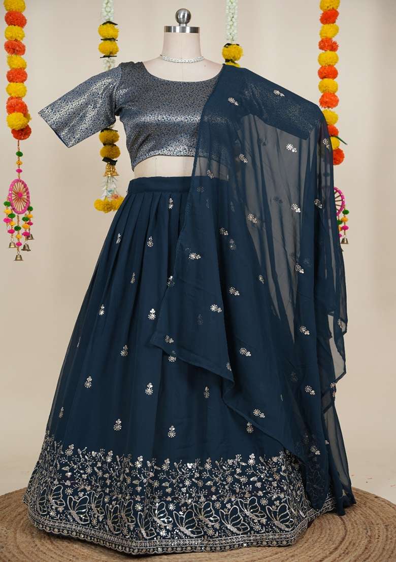 Teal Blue Georgette Lehenga Set with Embroidered for Diwali | Wedding & Festive Wear - Indya