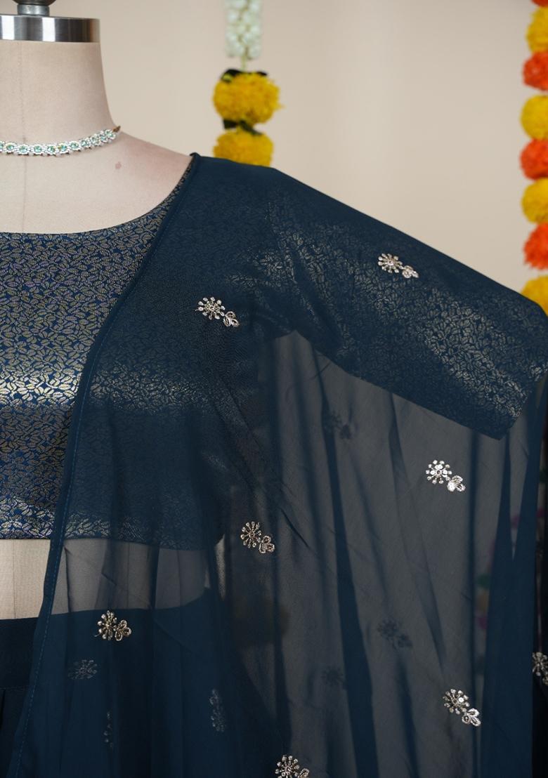 Teal Blue Embroidered Georgette Lehenga Set - Indya