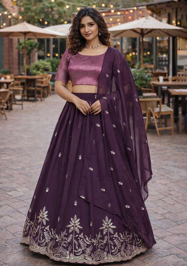 Wine Embroidered Georgette Lehenga Set for Diwali and Festive Wear - Indya