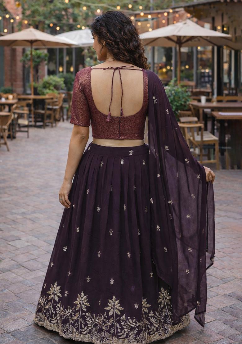 Wine Embroidered Georgette Lehenga Set - Indya