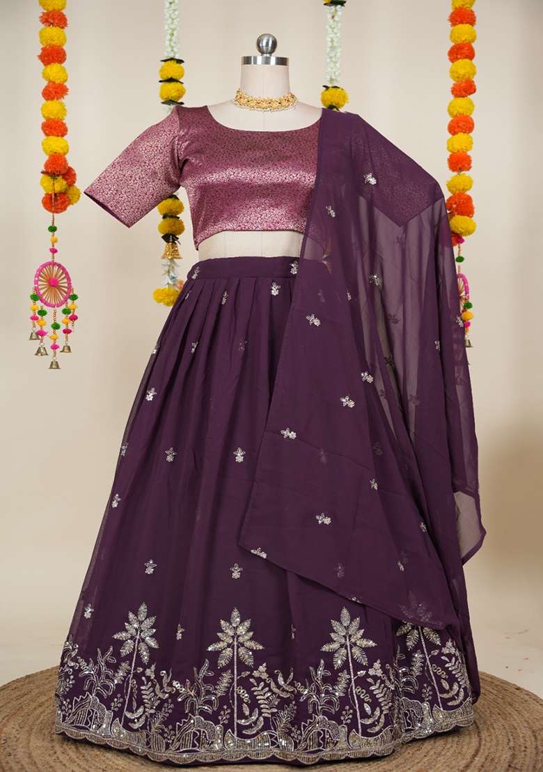 Wine Embroidered Georgette Lehenga Set for Diwali and Festive Wear - Indya