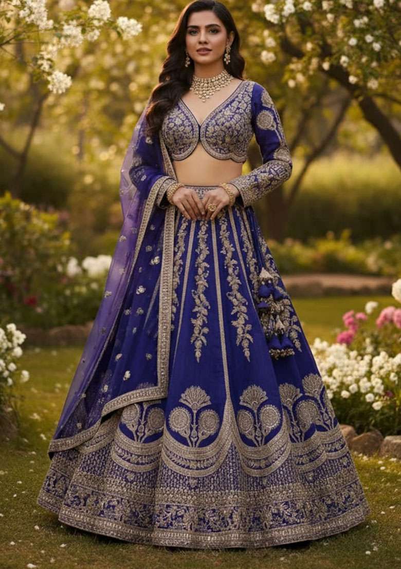 Blue Silk Blend Lehenga Set with Embroidered for Diwali | Wedding & Festive Wear - Indya